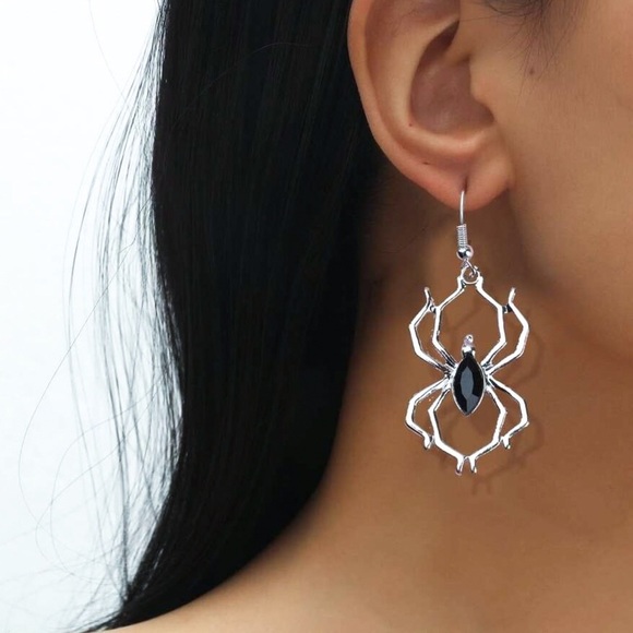 Any 2/$20! Silver & Black Gem Spider Drop Earrings - Picture 2 of 8